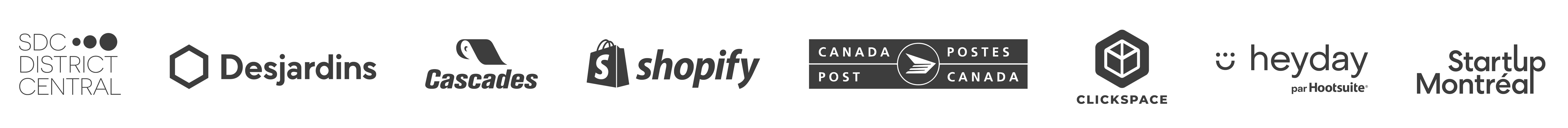 SDC District Central, Desjardins, Cascades, Shopify, Postes Canada, Clickspace, Heyday par Hootsuite, Startup Montréal