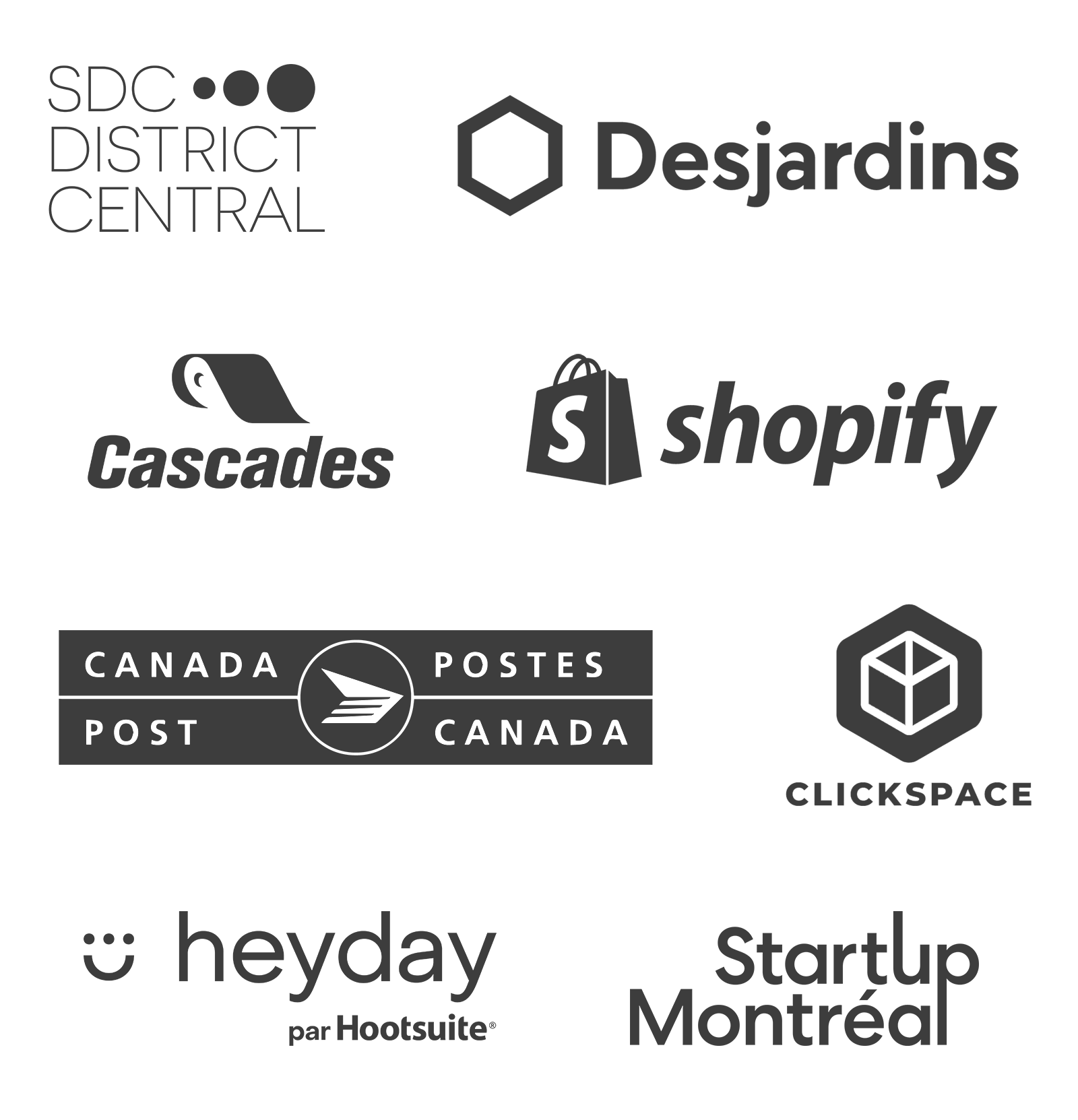 SDC District Central, Desjardins, Cascades, Shopify, Postes Canada, Clickspace, Heyday par Hootsuite, Startup Montréal