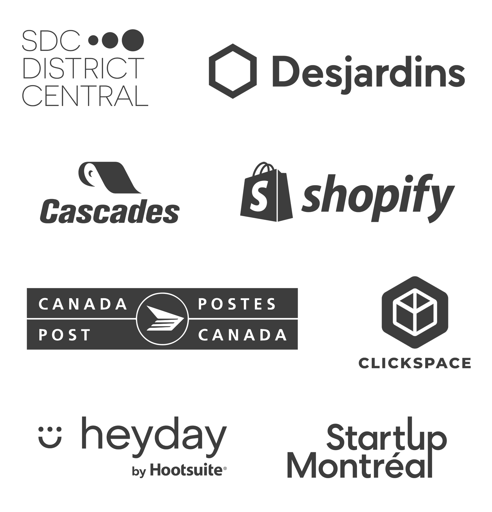 SDC District Central, Desjardins, Cascades, Shopify, Canada Post, Clickspace, Heyday by Hootsuite, Startup Montréal
